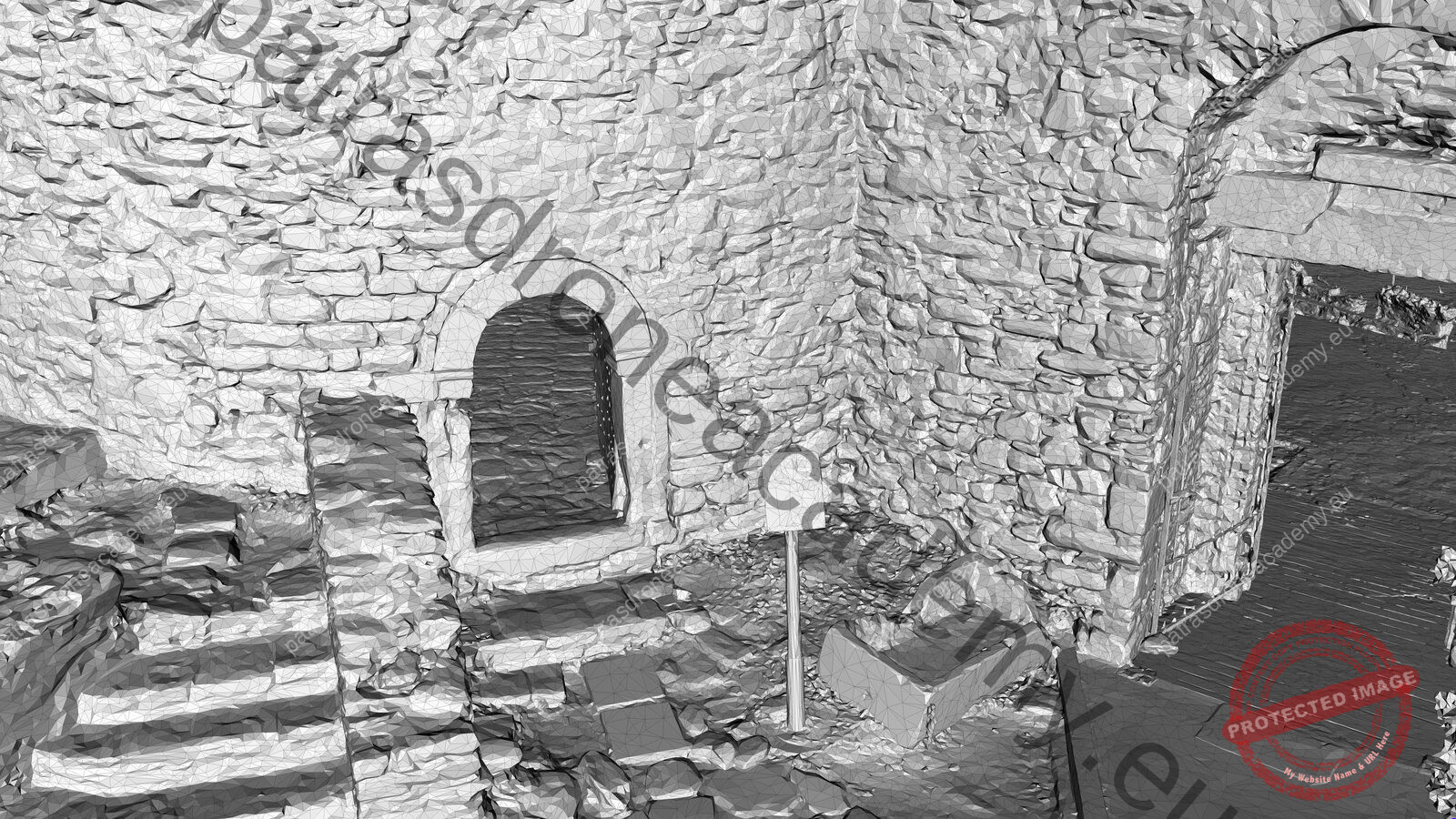 Το πλέγμα του μοντέλου στην είσοδο του πύργου, σε γκρι χωρίς υφή
