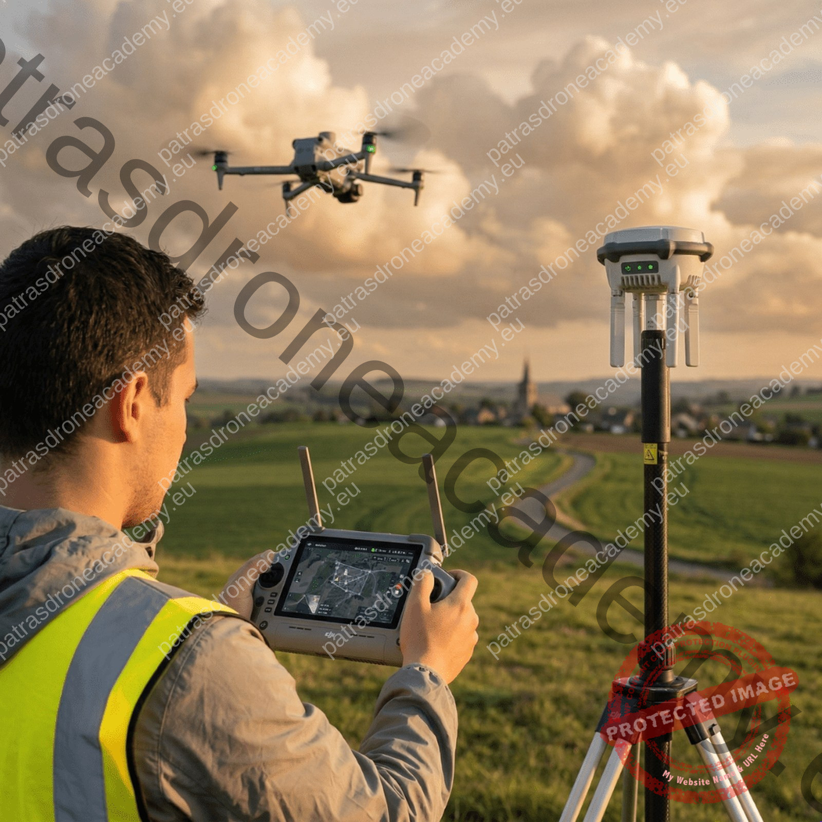 Χειριστής με χειριστήριο drone και κεραία GNSS σε τρίποδο, σε ανοιχτό πεδίο